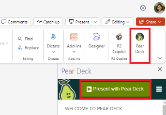 PPT, Pear Deck add-in button, Present with Pear Deck
